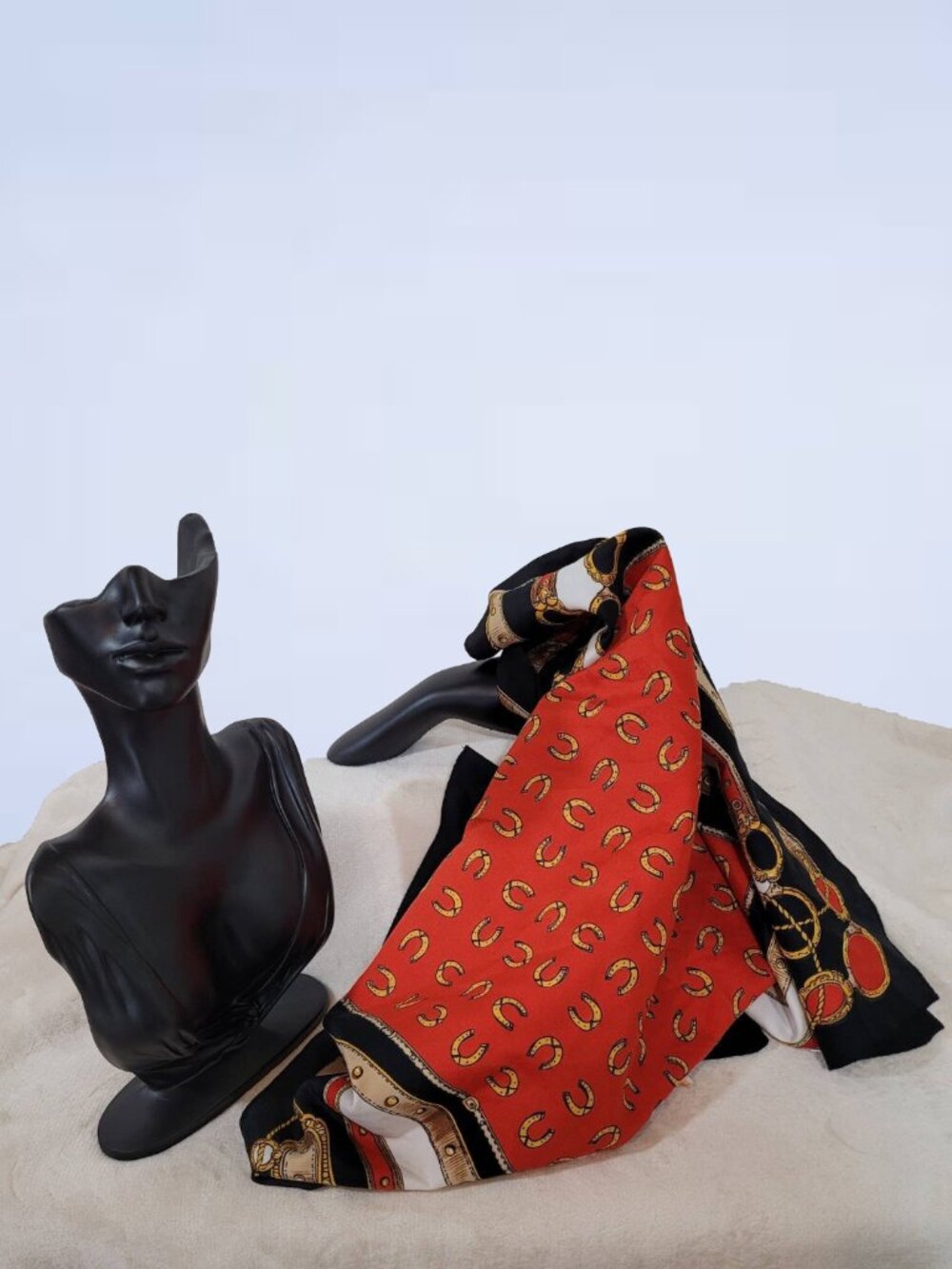 Vintage 1970s Red Polyester Square Scarf Luxury Chain Belt Geometric Border